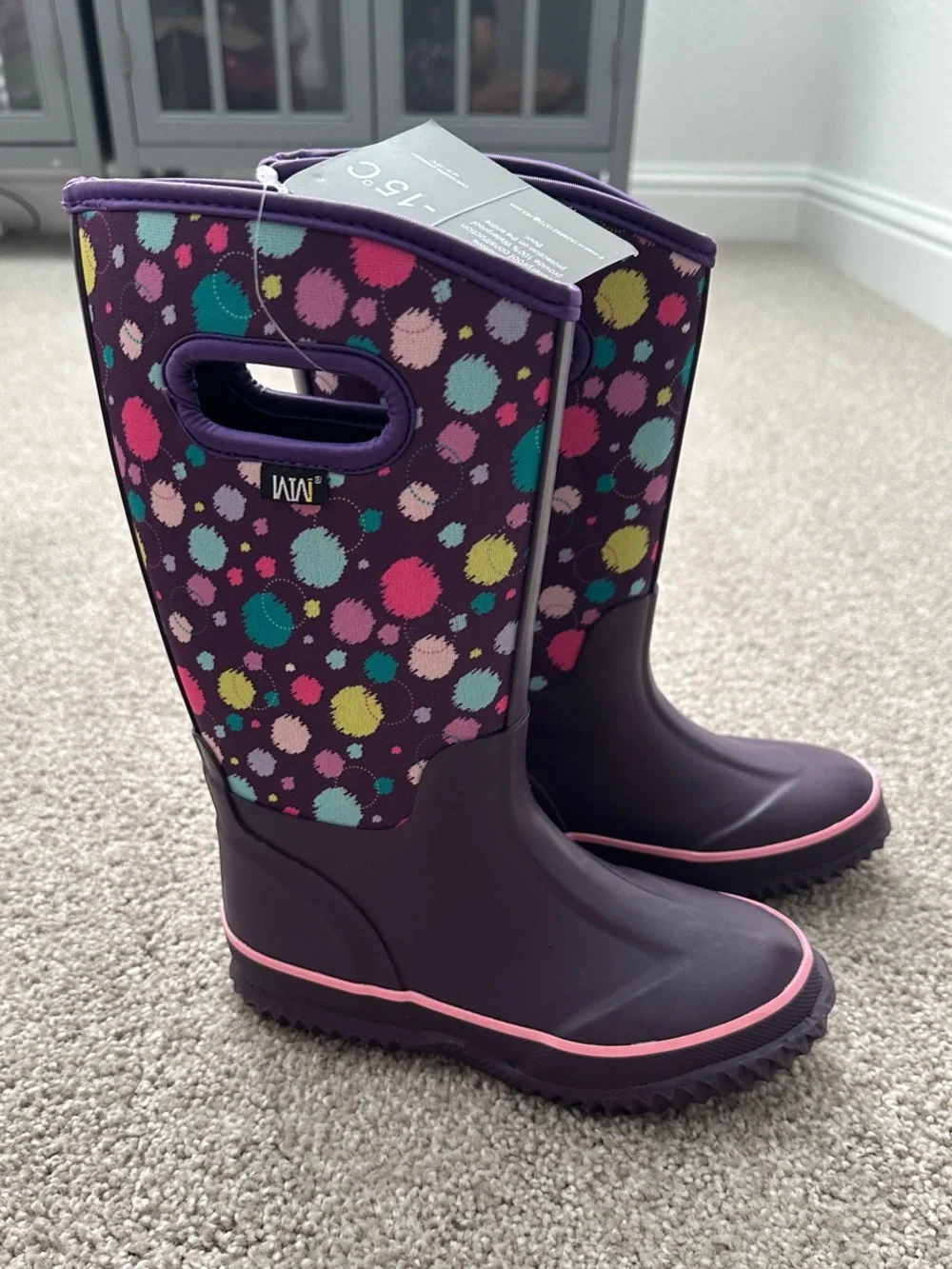 Kids Purple Multi Dot Rain Boots with Hand Holes